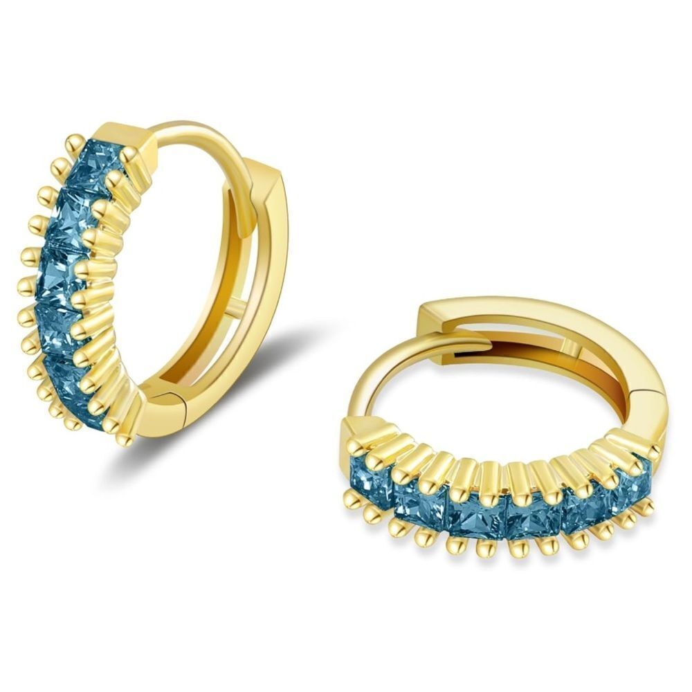 14K Yellow Gold with Aquamarine Blue Cubic Zirconia Princess Cut Huggie Earrings